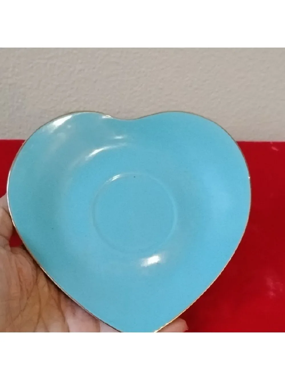 D- NWOT Blue Heart-Shaped Cup and Saucer Set